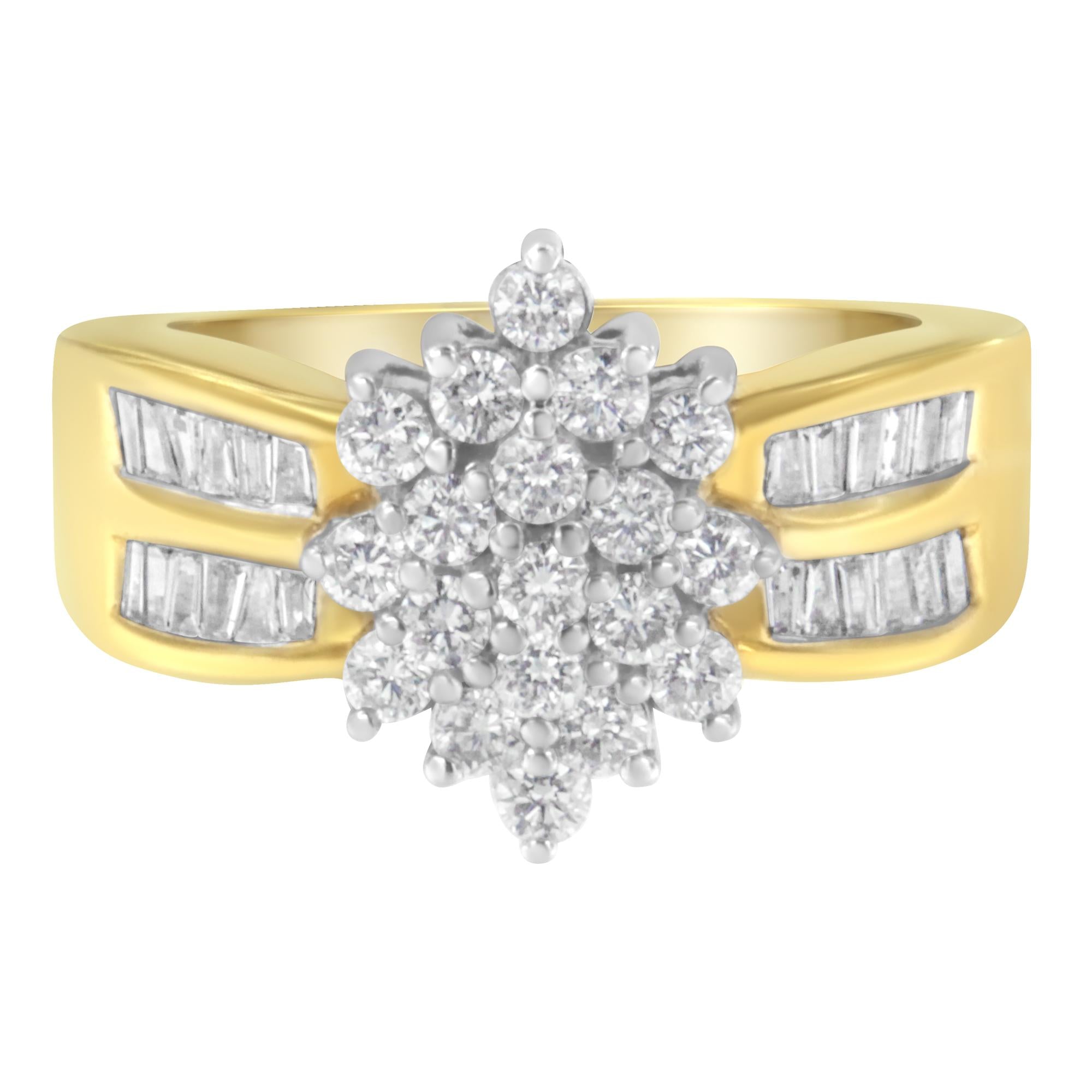 10K Yellow Gold 1.0 Cttw Round & Baguette Cut Diamond Floral Cluster Double-Channel Flared Band Statement Ring (H-I Color, SI2-I1 Clarity) by Haus of Brilliance