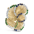 18K Yellow Gold 2 1/3 Cttw Diamond, Sapphire, and Emerald Sculpted Petal Brooch Pin (G-H Color, VS1-VS2 Clarity)