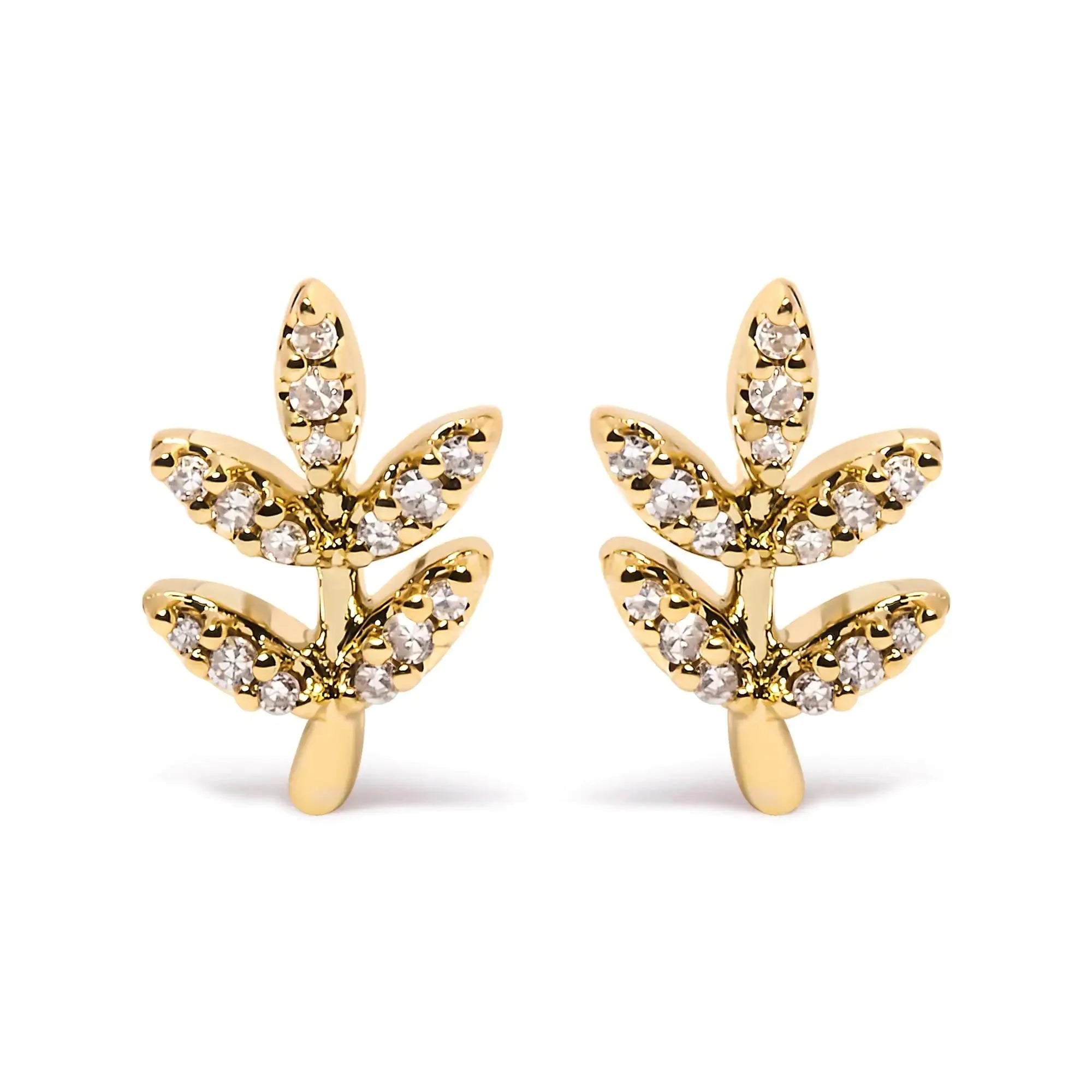10K Yellow Gold 1/10 Cttw Diamond Accented Leaf and Branch Stud Earrings (H-I Color, I1-I2 Clarity)