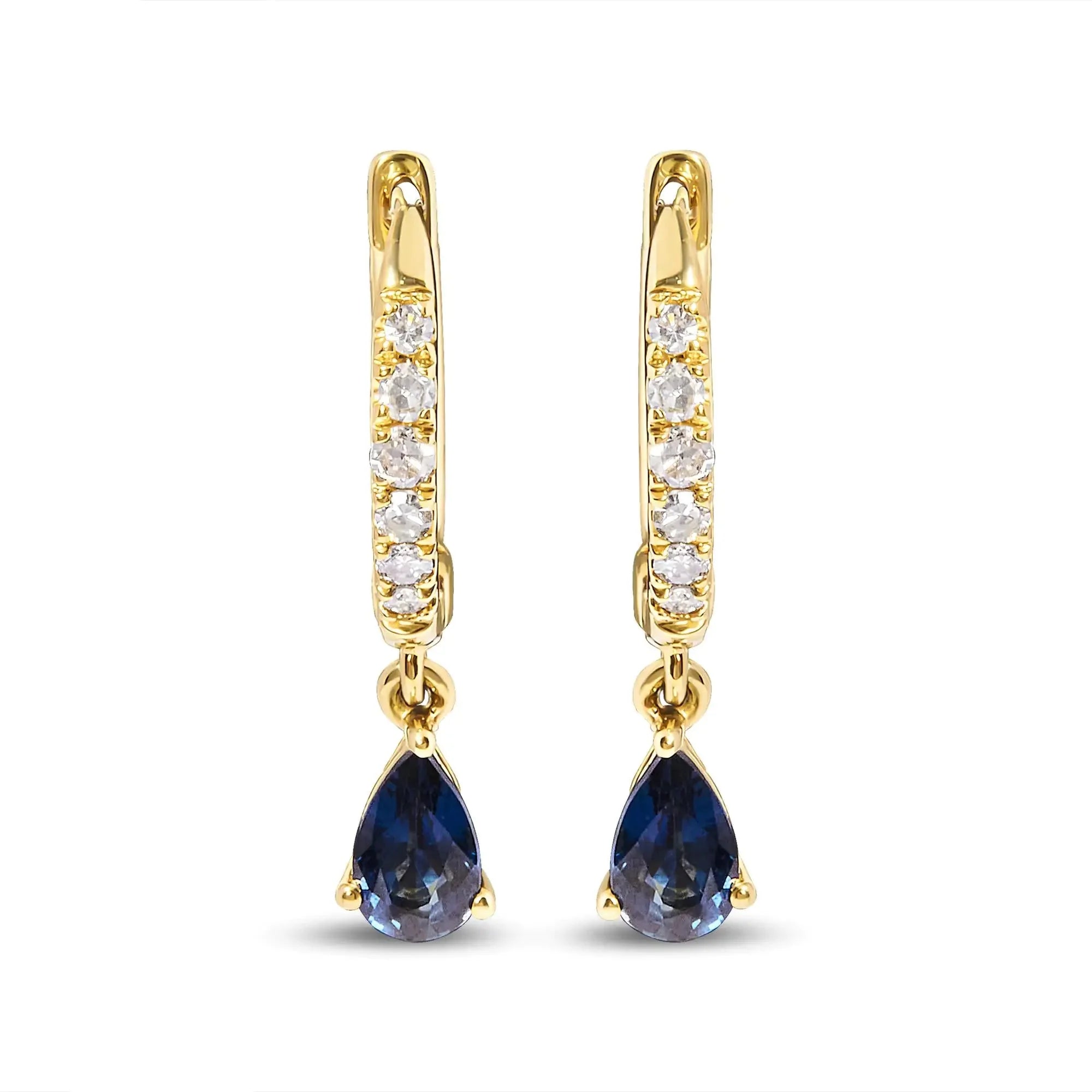 10K Yellow Gold Pear Blue Sapphire and 1/10 Cttw Diamond Drop and Dangle Huggy Hoop Earrings (H-I Color, I1-I2 Clarity)