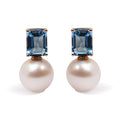14K Rose Gold 10MM Cultured Freshwater Pearl and 8x6mm Octagon Swiss Blue Topaz Drop Earrings