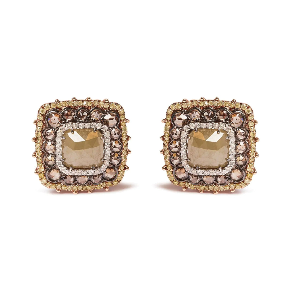 14K Rose Gold 5 7/8 Cttw Fancy Color Rose Cut Diamond Cushion Shape Triple Halo Stud Earring (Fancy Color, I2-I3 Clarity)