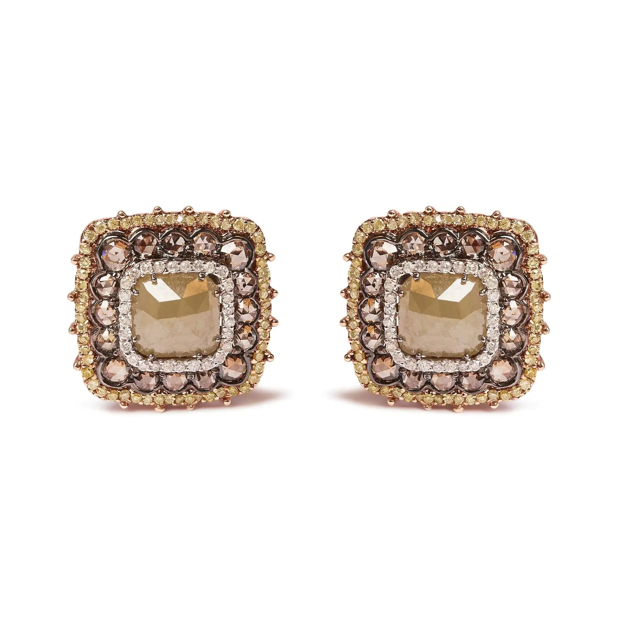 14K Rose Gold 5 7/8 Cttw Fancy Color Rose Cut Diamond Cushion Shape Triple Halo Stud Earring (Fancy Color, I2-I3 Clarity)