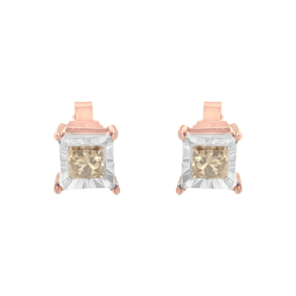 14K Rose Gold Plated Two-Tone .925 Sterling Silver 1/2 Cttw Princess-Cut Square Diamond Solitaire Miracle-Plate Stud Earrings (K-L Color, I2-I3 Clarity)