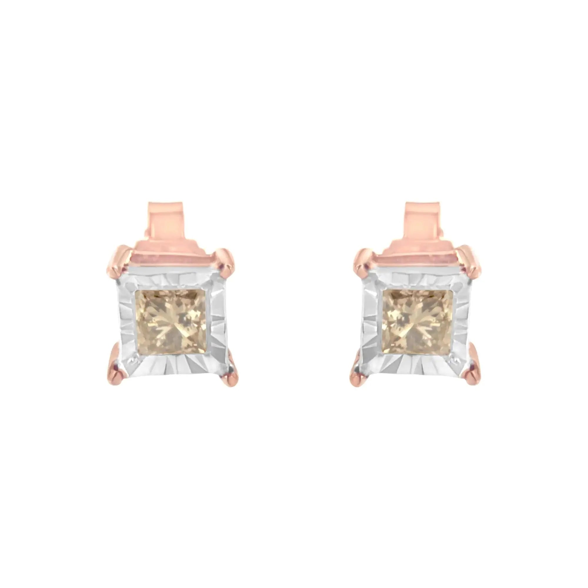 14K Rose Gold Plated Two-Tone .925 Sterling Silver 1/2 Cttw Princess-Cut Square Diamond Solitaire Miracle-Plate Stud Earrings (K-L Color, I2-I3 Clarity)