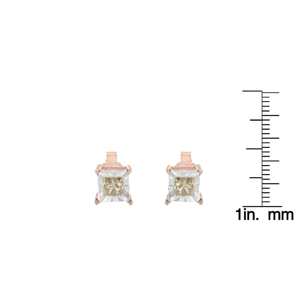 14K Rose Gold Plated Two-Tone .925 Sterling Silver 1/2 Cttw Princess-Cut Square Diamond Solitaire Miracle-Plate Stud Earrings (K-L Color, I2-I3 Clarity)