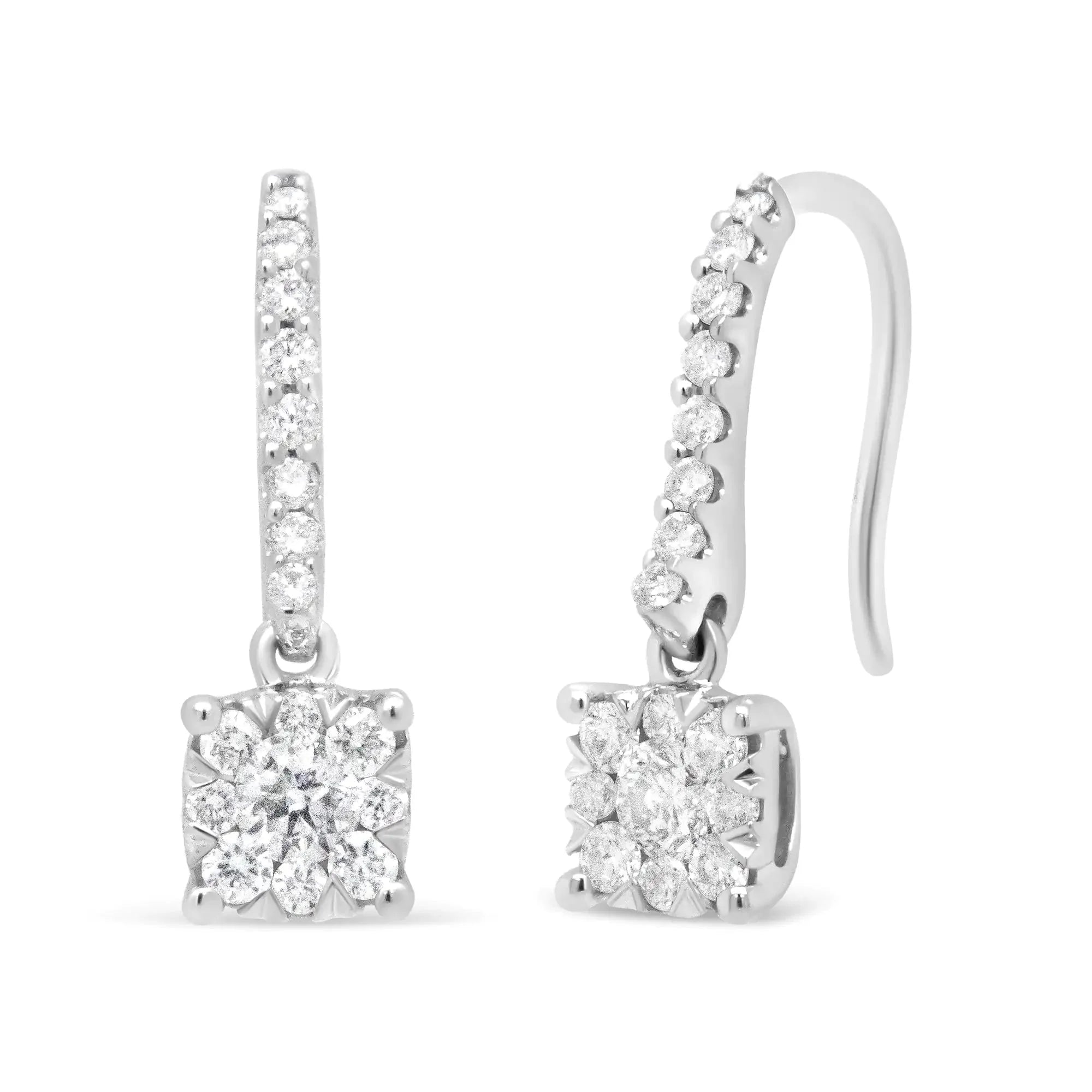 14K White 1/2 Cttw Round Diamond Halo Dangle Hook Earring - (H-I Color, SI2-I1 Clarity)