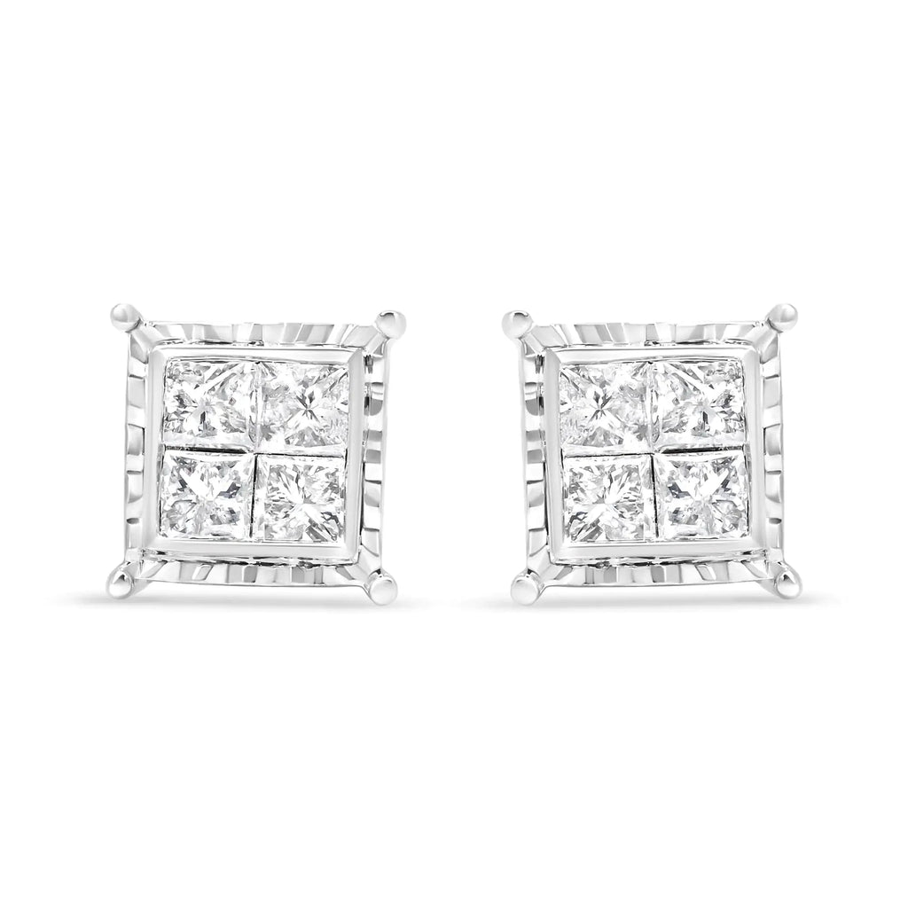 14K White Gold 1 1/2 Cttw Invisible Set Princess-Cut Diamond Contemporary Wavy Quad Stud Earrings (I-J Color, I1-I2 Clarity)