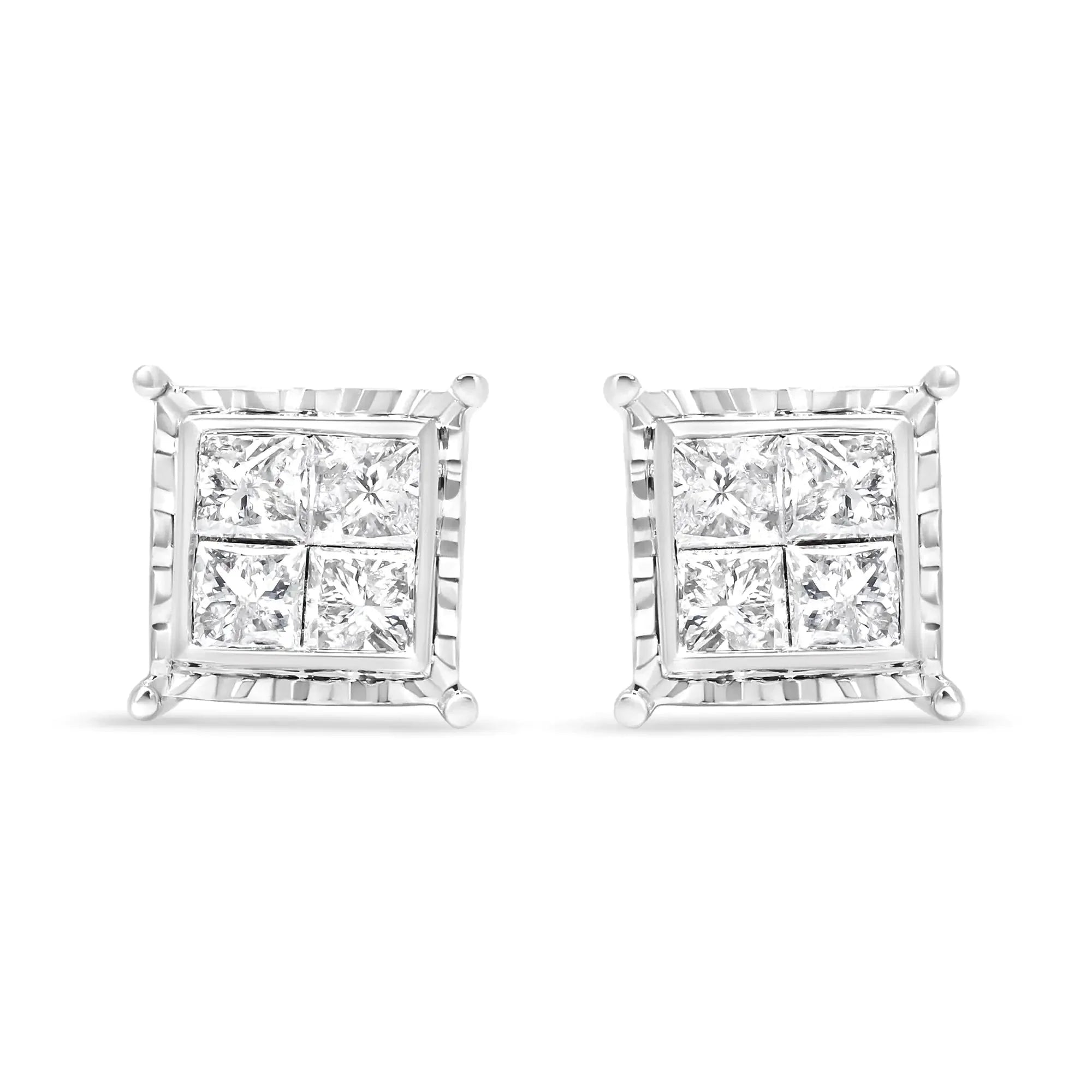 14K White Gold 1 1/2 Cttw Invisible Set Princess-Cut Diamond Contemporary Wavy Quad Stud Earrings (I-J Color, I1-I2 Clarity)