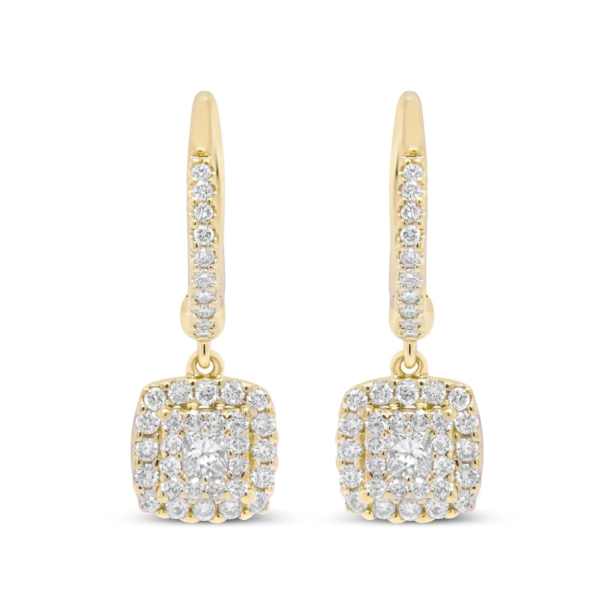 14K Yellow Gold 5/8 Cttw Invisible-Set Princess Diamond Square Halo Dangle Earring (H-I Color, SI1-SI2 Clarity)