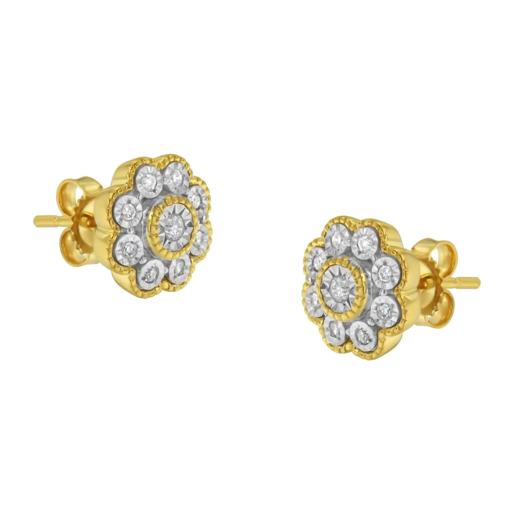 14K Yellow Gold Plated .925 Sterling Silver 1/6 Cttw Miracle-Plate Set Diamond Floral Stud Earrings (I-J Color, I2-I3 Clarity)