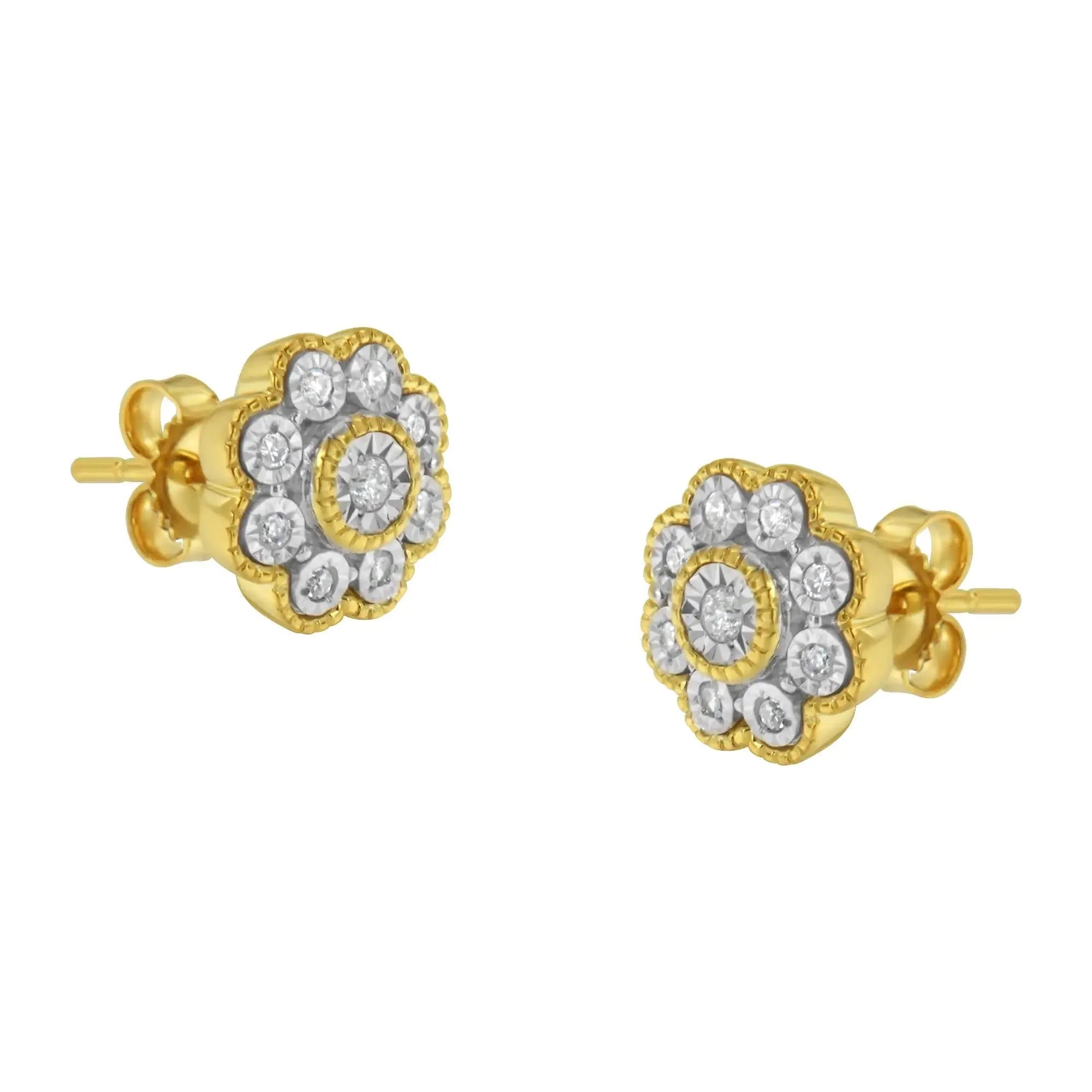 14K Yellow Gold Plated .925 Sterling Silver 1/6 Cttw Miracle-Plate Set Diamond Floral Stud Earrings (I-J Color, I2-I3 Clarity)