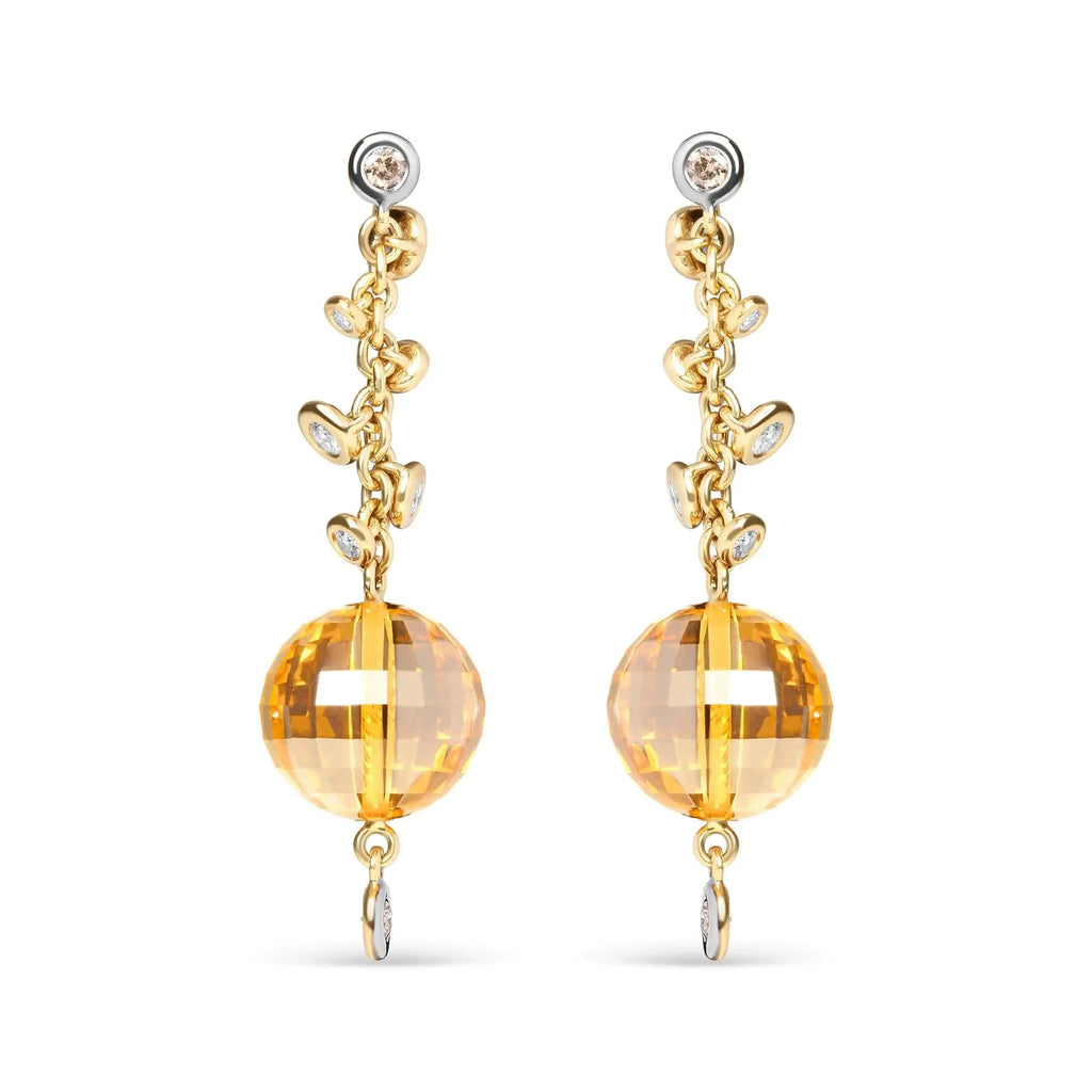 18K Yellow Gold 2/3 Cttw Round Bezel Diamond and 25mm Ball Shaped Yellow Citrine Gemstone Dangle Stud Earring (Brown and G-H Color, SI1-SI2 Clarity)