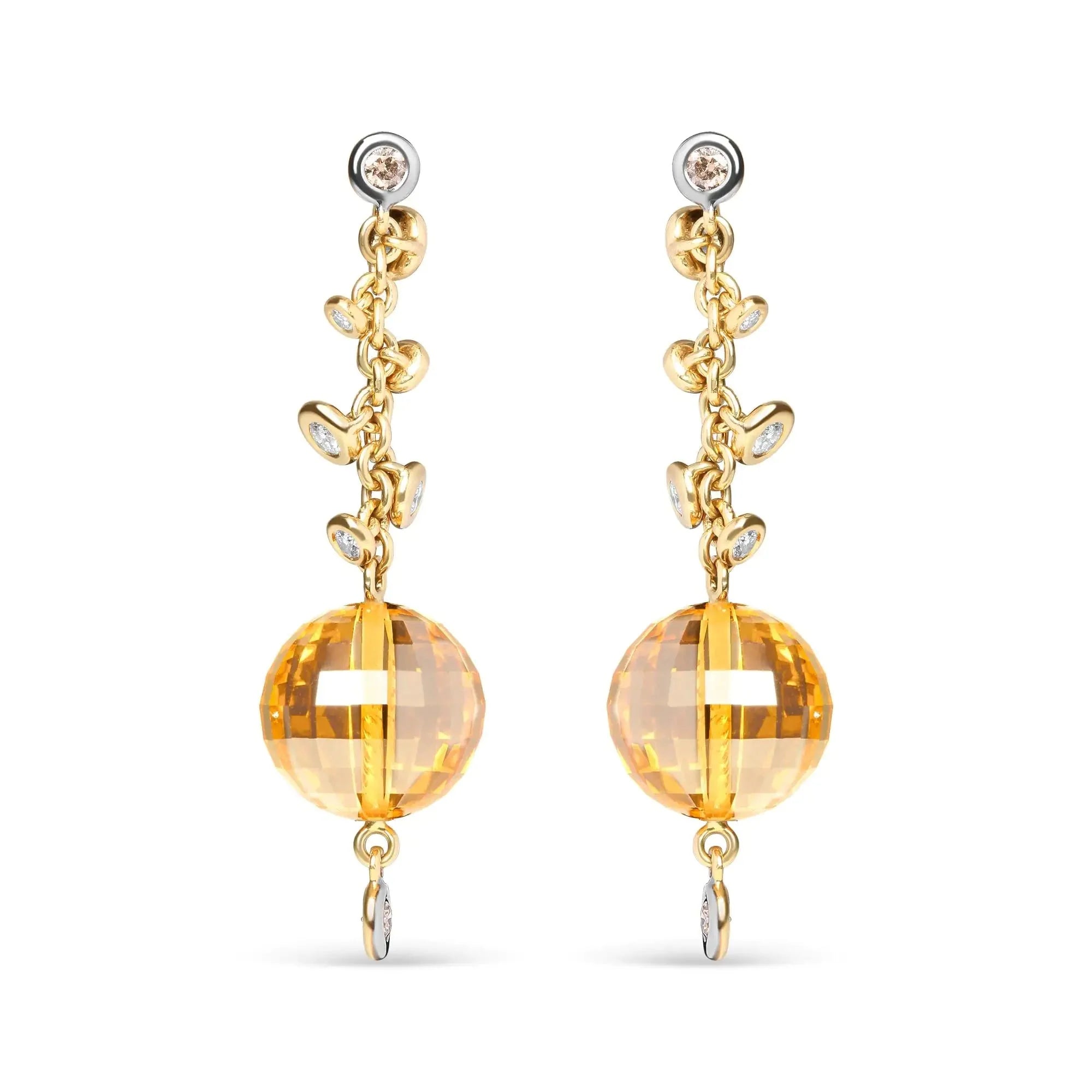 18K Yellow Gold 2/3 Cttw Round Bezel Diamond and 25mm Ball Shaped Yellow Citrine Gemstone Dangle Stud Earring (Brown and G-H Color, SI1-SI2 Clarity)