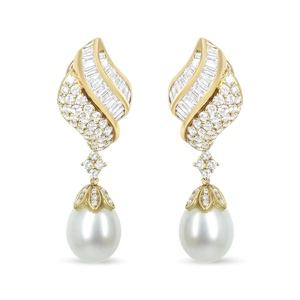 18k Yellow Gold 7.0 Cttw Baguette and Round Diamond South Sea Pearl Drop Dangle Clip-On Earrings (F-G Color, VS1-VS2 Clarity)