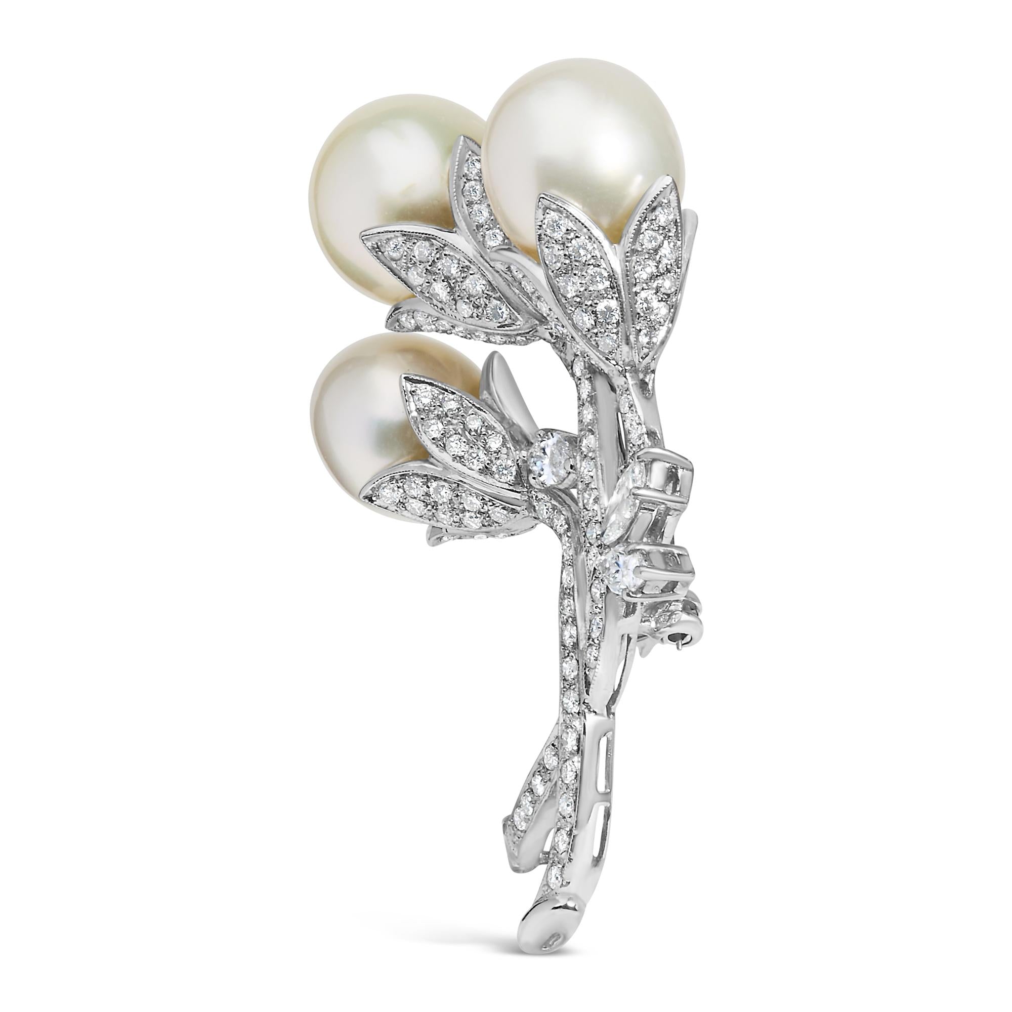 18K White Gold 2 1/5 Cttw Diamond and South Sea Pearl Floral Brooch Pin (G-H Color, VS1-VS2 Clarity)