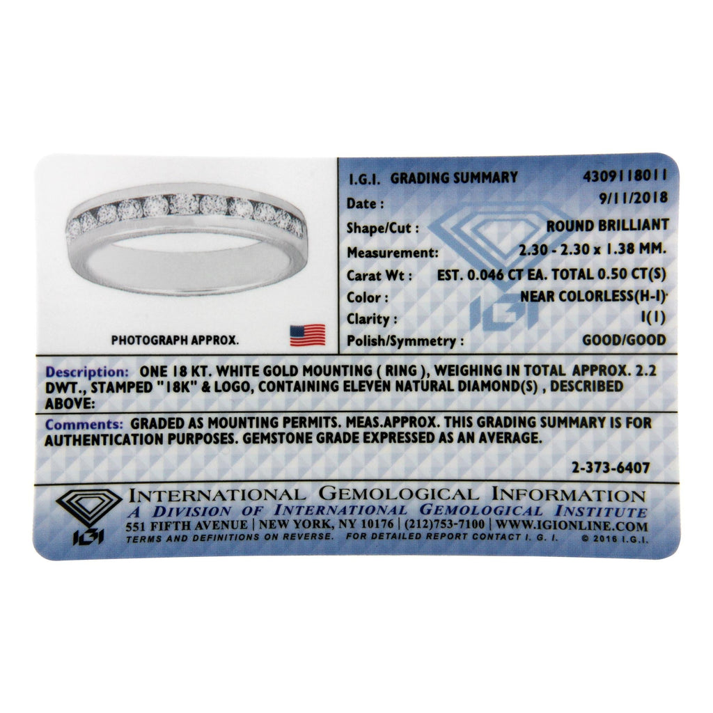 IGI Certified 1/2 Cttw Round Brilliant Cut Diamond 18K White Gold Channel Set Eternity Style Wedding Band Ring (H-I Color, I1-I2 Clarity) by Infinite Jewels