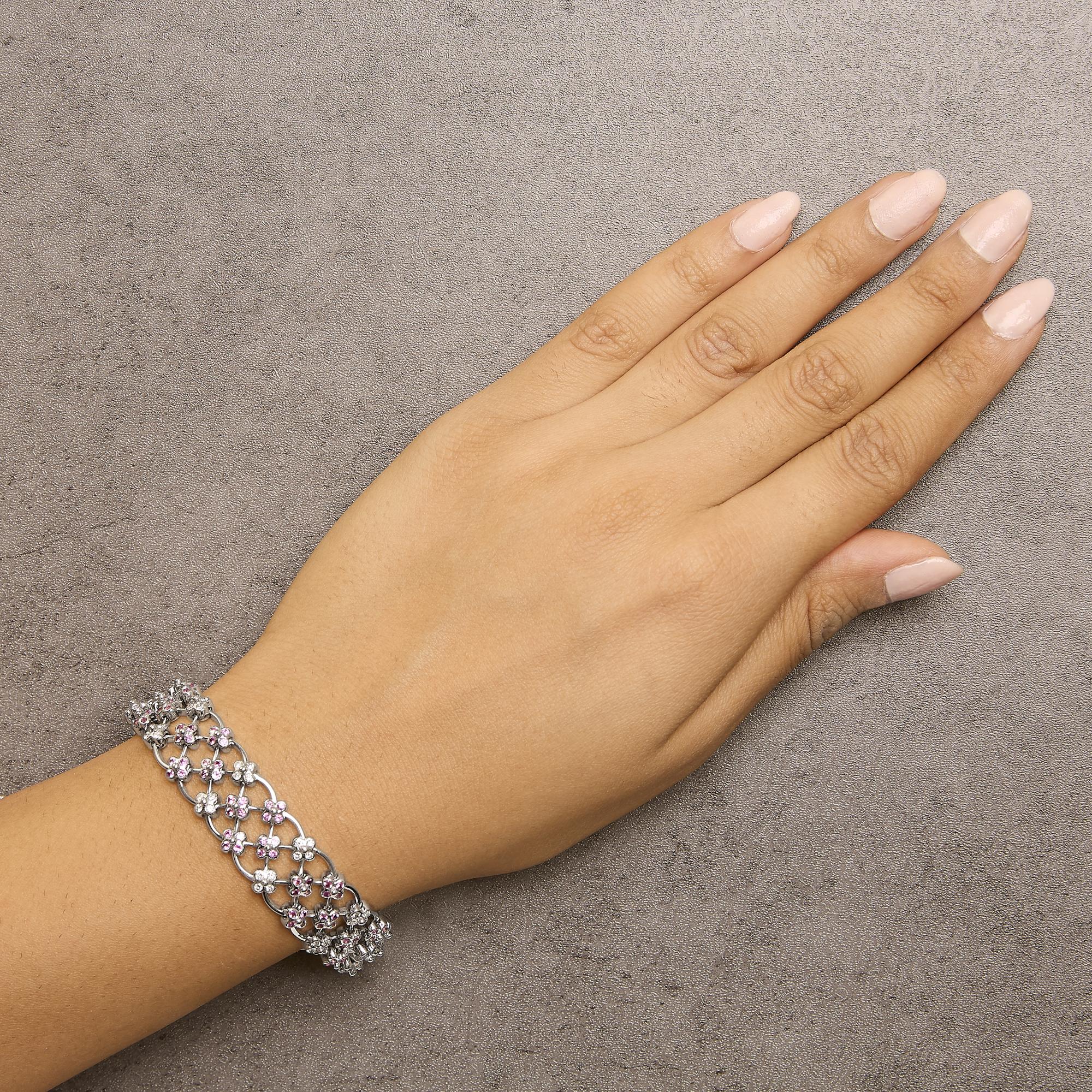 14K White Gold Pink Sapphire and Diamond Floral Lattice Link Bracelet - 7.25" Inches