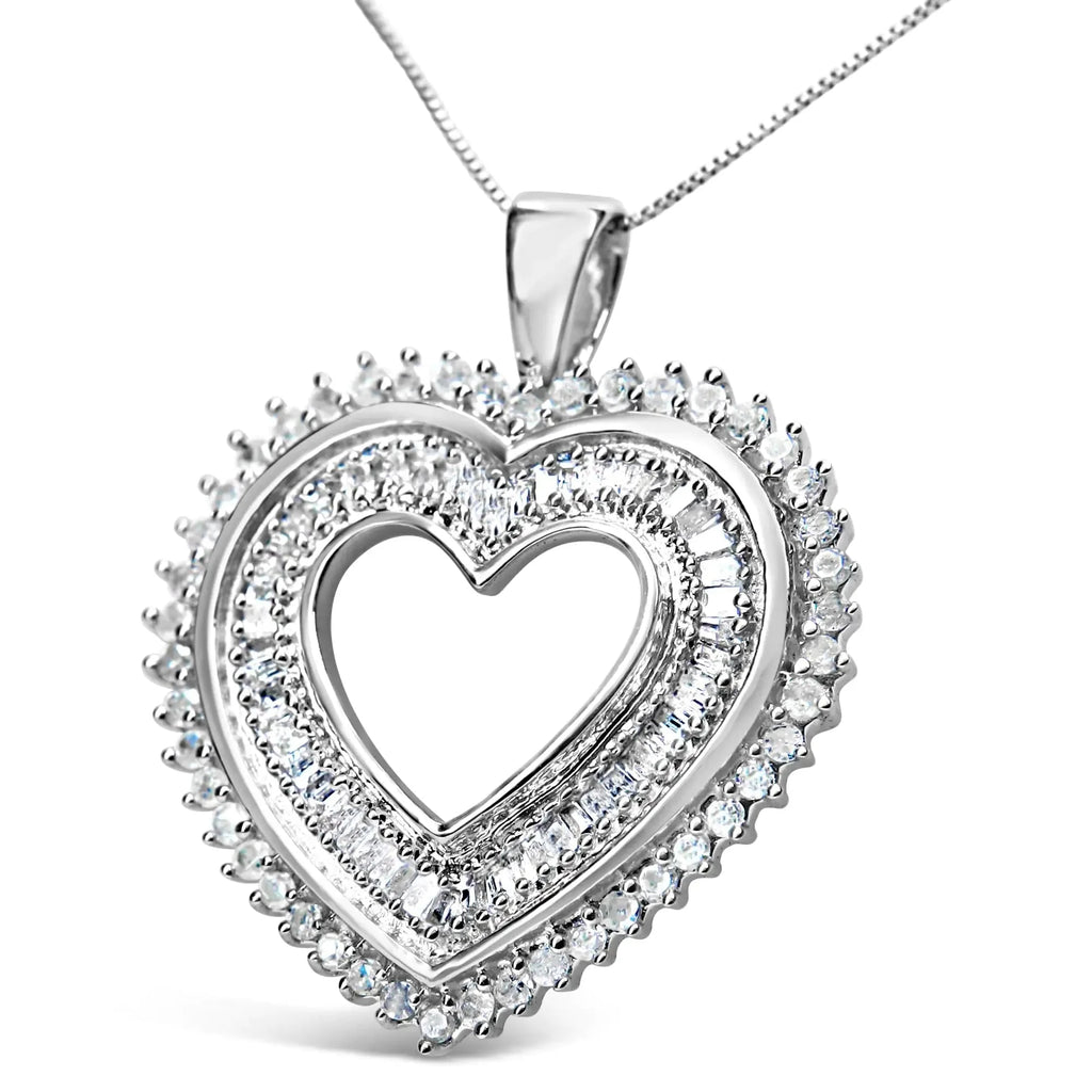.925 Sterling Silver 1.0 Cttw Baguette and Round Diamond  Heart Pendant 18" Necklace (H-I Color, I3 Clarity)