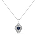 .925 Sterling Silver 7x5 MM Oval Blue Sapphire and Diamond Accent Art Deco Style Shield Shaped 18" Pendant Necklace (I-J Color, I3 Clarity)