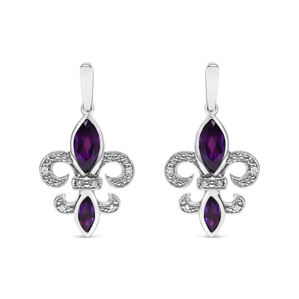 .925 Sterling Silver Marquise Cut Amethyst and Diamond Accent Fleur De Lis Dangle Stud Earrings (H-I Color, SI1-SI2 Clarity)