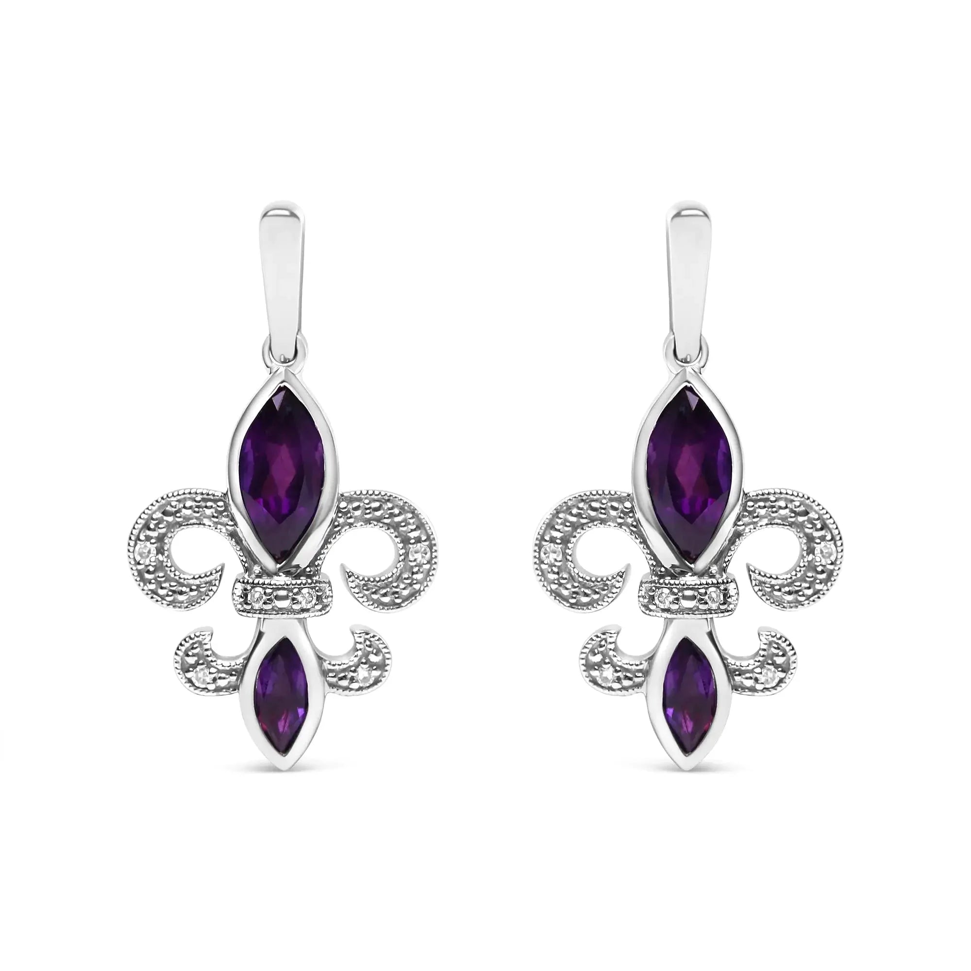 .925 Sterling Silver Marquise Cut Amethyst and Diamond Accent Fleur De Lis Dangle Stud Earrings (H-I Color, SI1-SI2 Clarity)