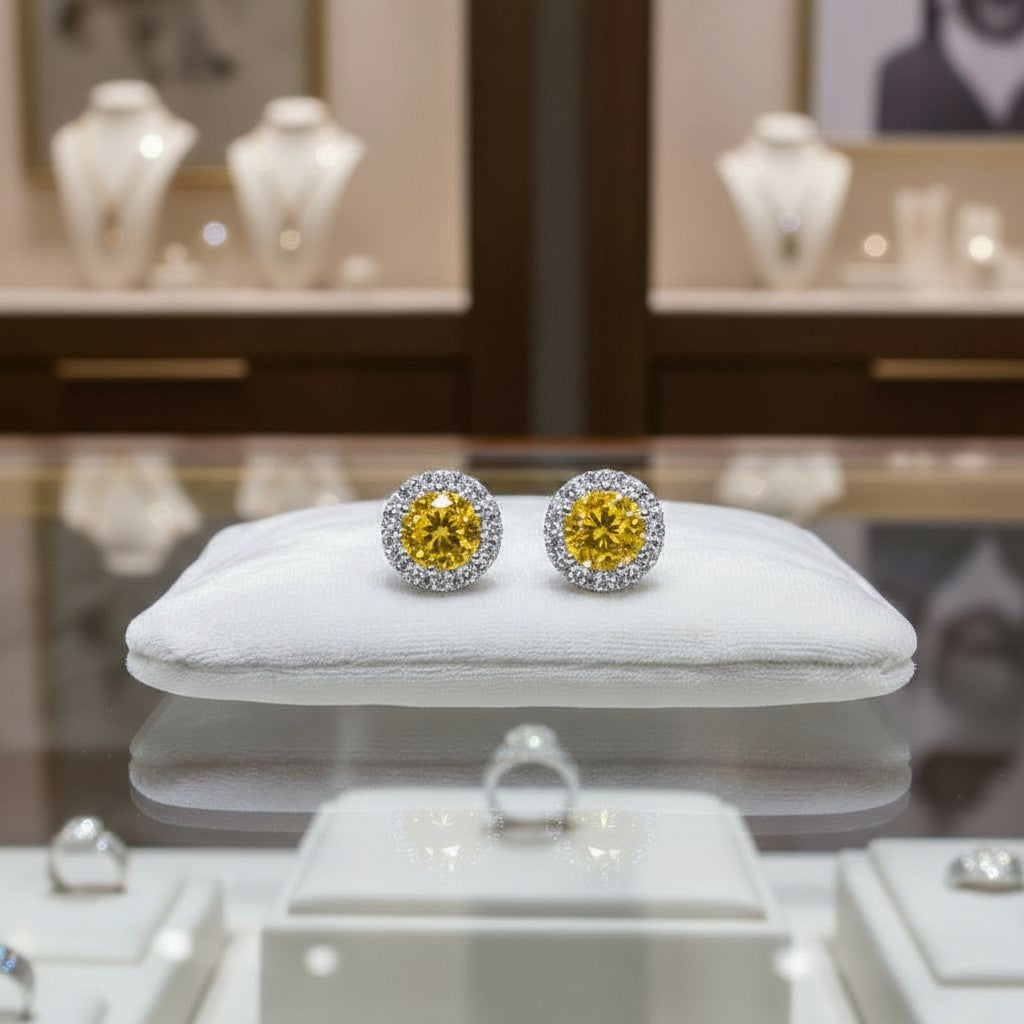 "Endless Love Collection" 14K gold w/ Diamond Halo Earrings Portuguese Cut 5.5mm