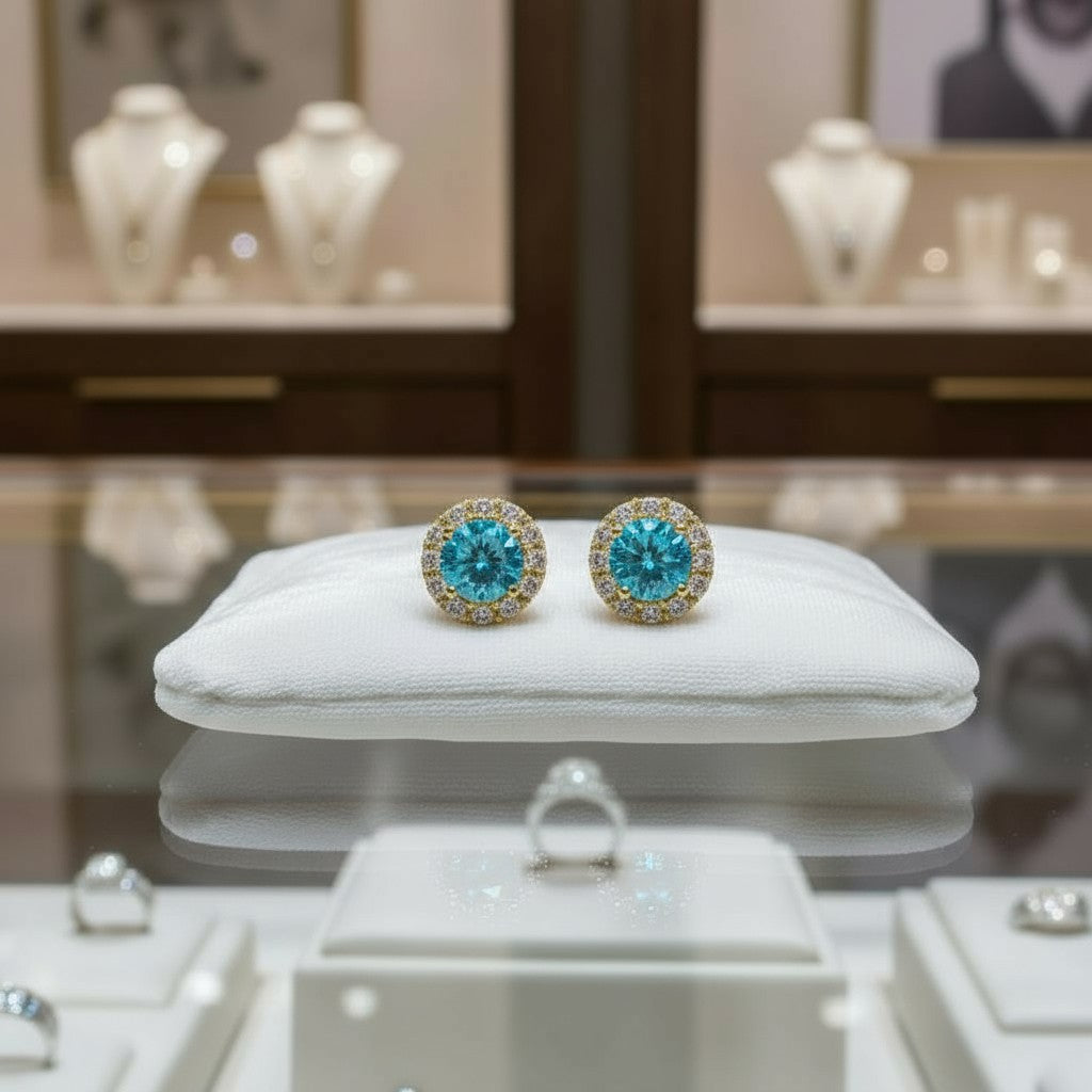 "Endless Love Collection" 14K gold w/ Diamond Halo Earrings Portuguese Cut 5.5mm