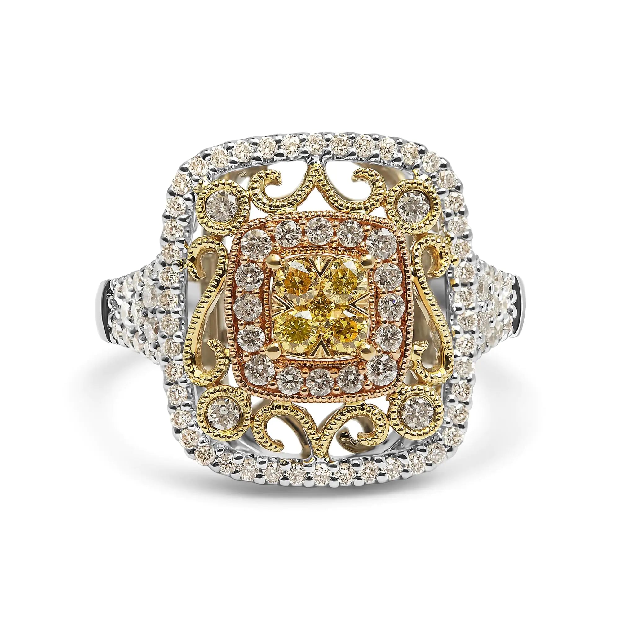 Style Loft Collection Halo and Milgrain Cocktail Cluster 14K Tri-Toned Gold 1.00 Cttw Yellow Diamond Ring (Yellow/G-H Color, SI1-SI2 Clarity) - Ring Size 7