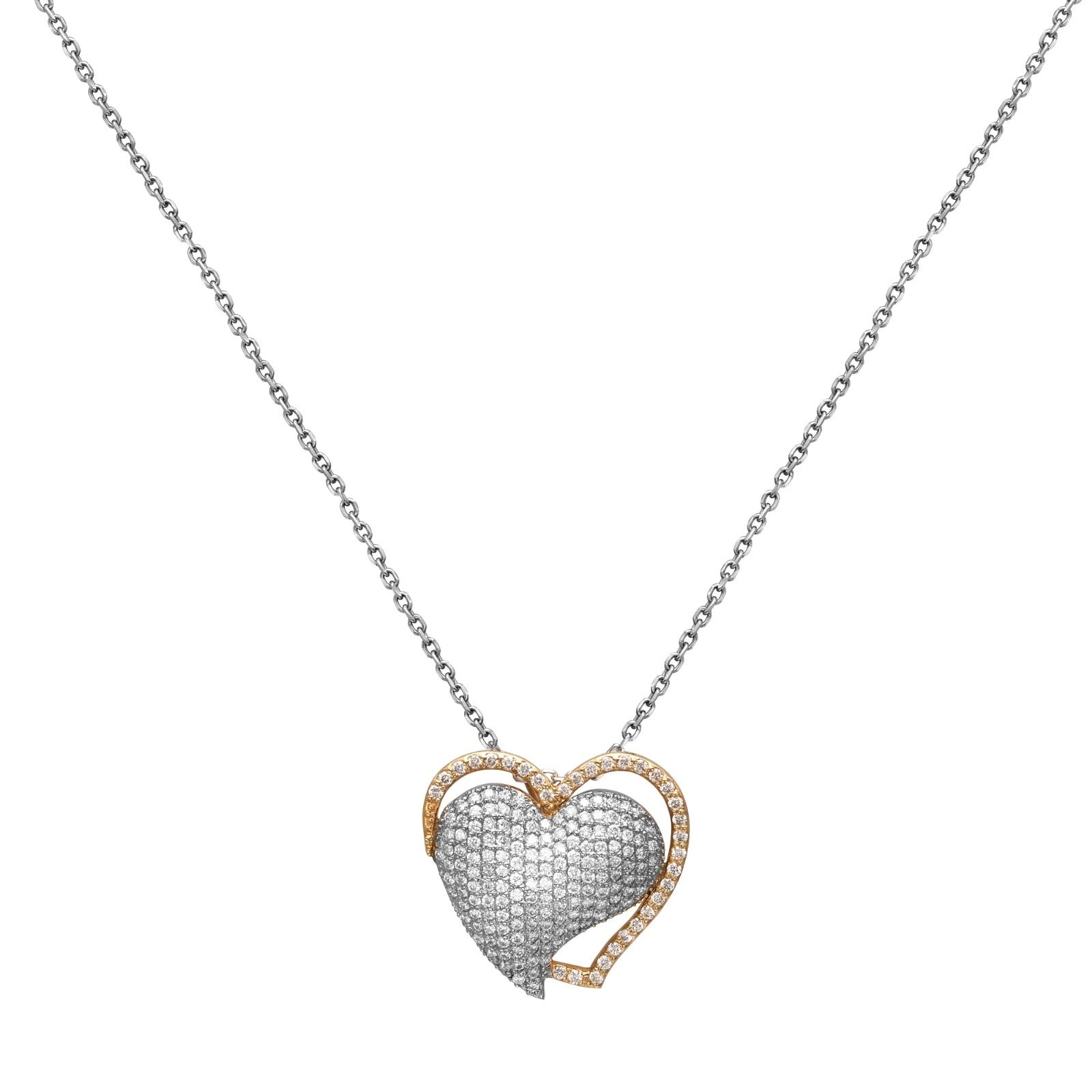 Natural Diamond Double Heart Pendant in 14K White &amp; Yellow Gold – 3.92ctw