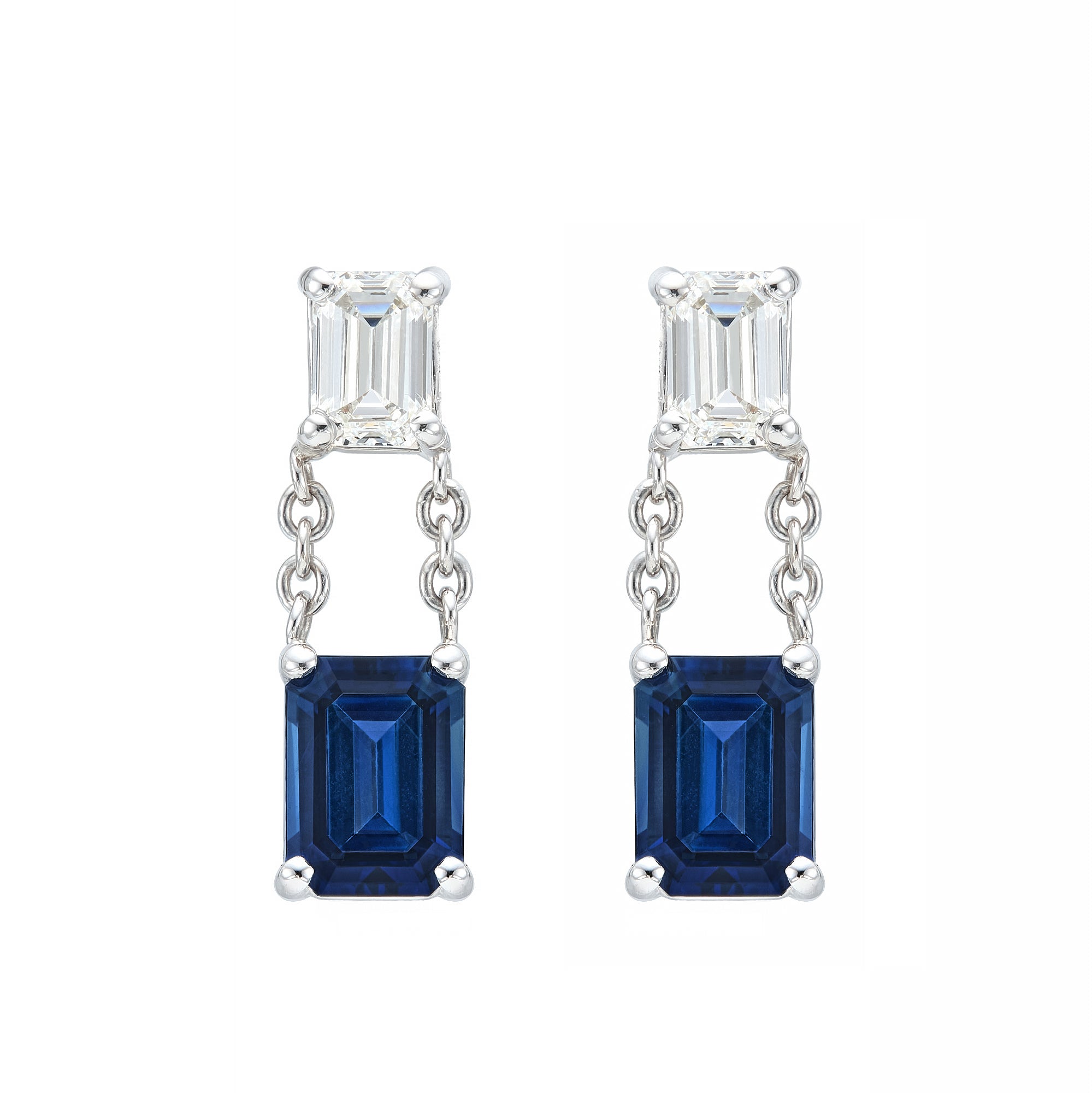 Diamond & Sapphire Emerald Cut Dangle Earrings