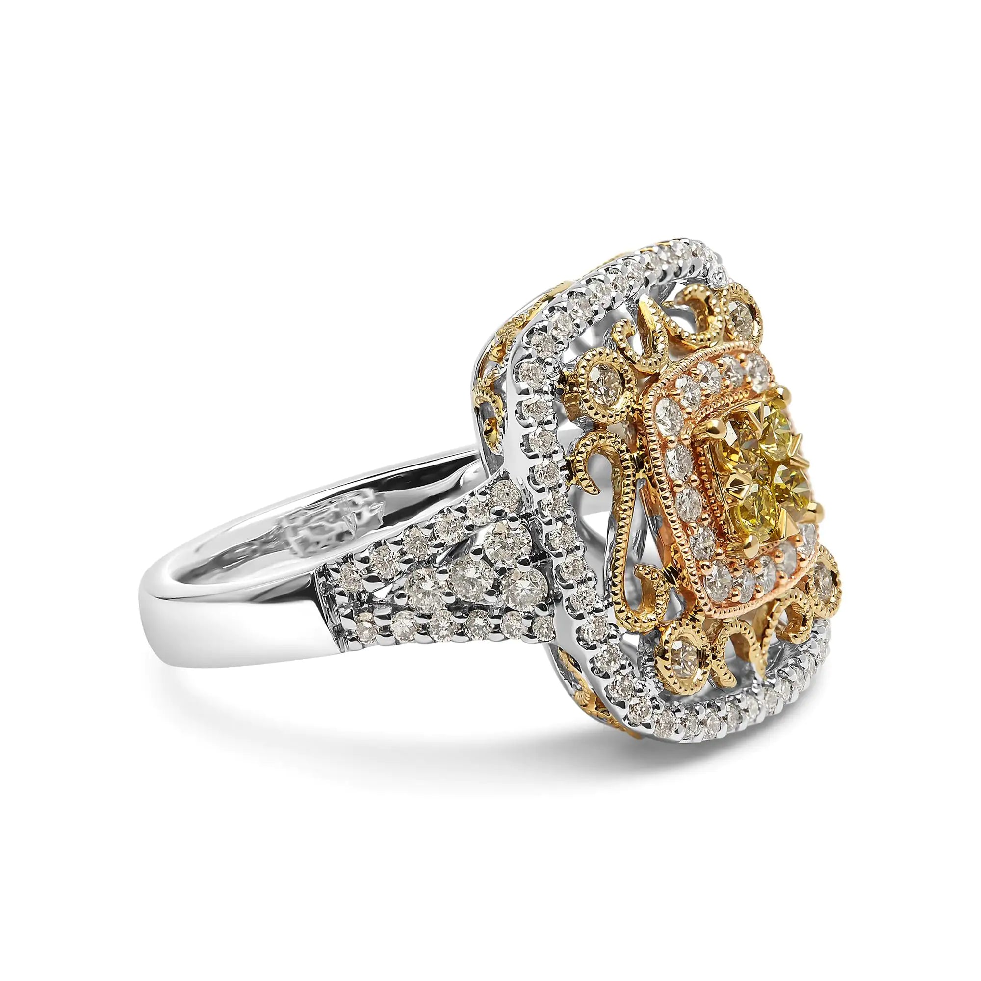 Style Loft Collection Halo and Milgrain Cocktail Cluster 14K Tri-Toned Gold 1.00 Cttw Yellow Diamond Ring (Yellow/G-H Color, SI1-SI2 Clarity) - Ring Size 7