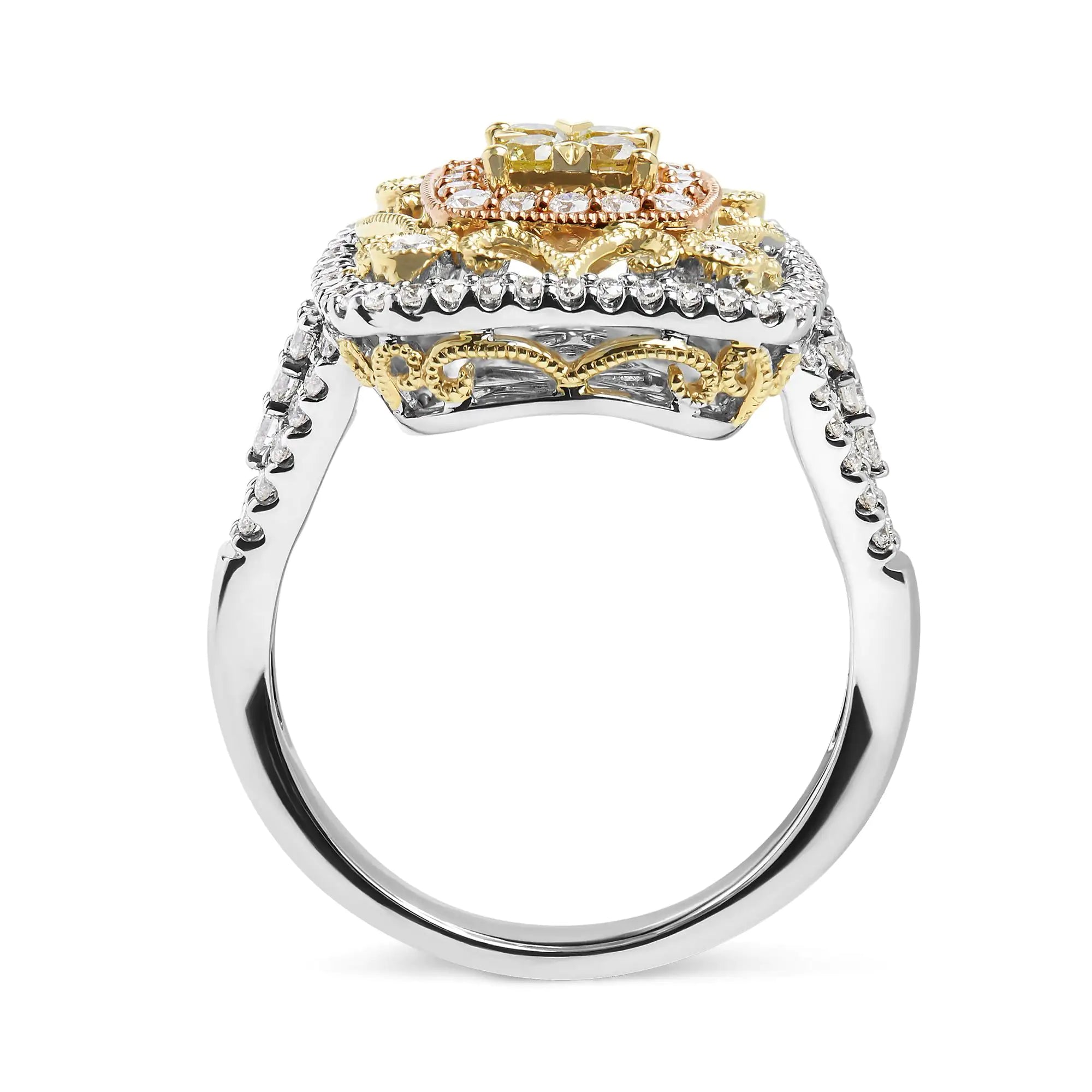 Style Loft Collection Halo and Milgrain Cocktail Cluster 14K Tri-Toned Gold 1.00 Cttw Yellow Diamond Ring (Yellow/G-H Color, SI1-SI2 Clarity) - Ring Size 7