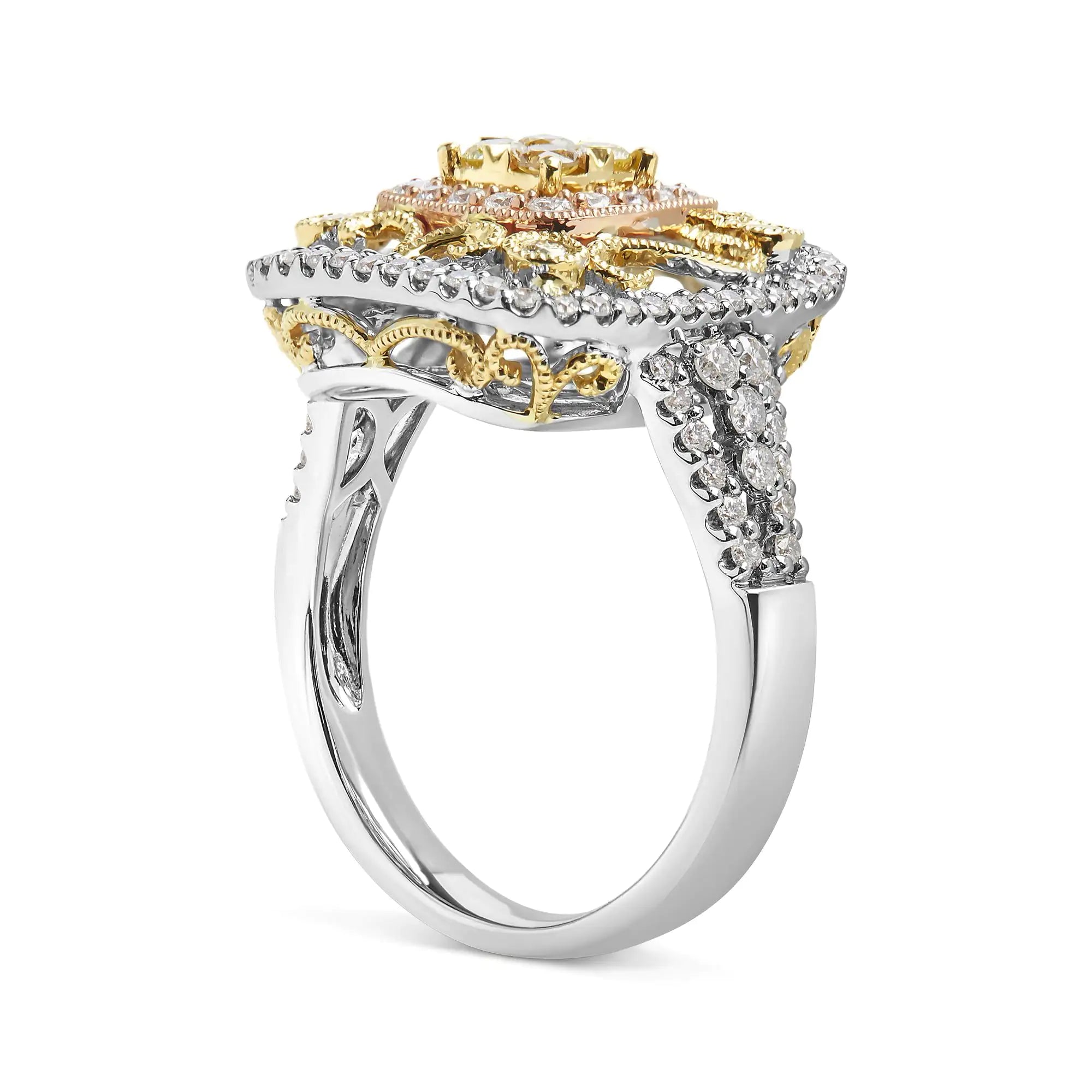 Style Loft Collection Halo and Milgrain Cocktail Cluster 14K Tri-Toned Gold 1.00 Cttw Yellow Diamond Ring (Yellow/G-H Color, SI1-SI2 Clarity) - Ring Size 7