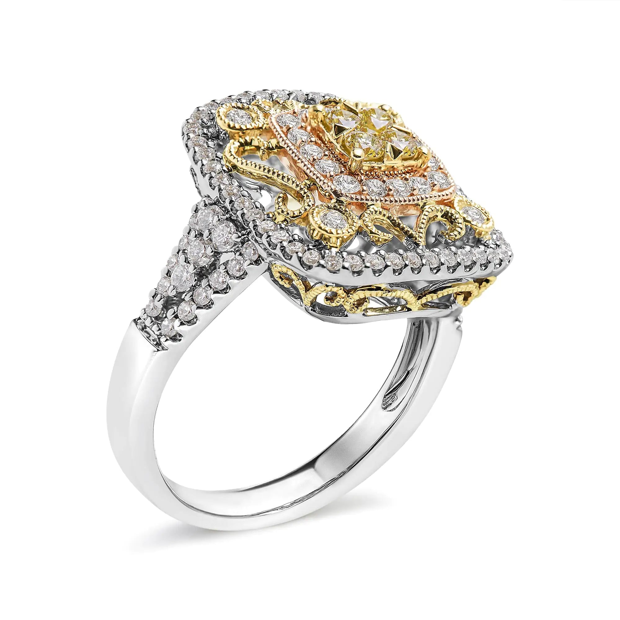 Style Loft Collection Halo and Milgrain Cocktail Cluster 14K Tri-Toned Gold 1.00 Cttw Yellow Diamond Ring (Yellow/G-H Color, SI1-SI2 Clarity) - Ring Size 7